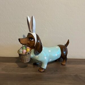 Mint Polka Dot Dachshund Doxie Figurine w/ Eggs & Bunny Ears Resin Easter Decor
